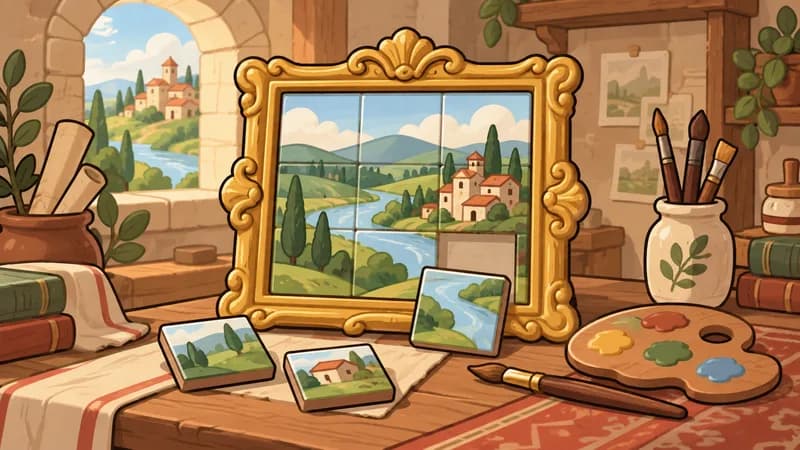 Paintings and puzzle pieces in a storybook art studio